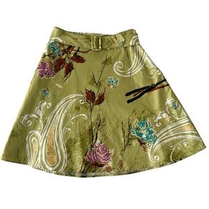 Women’s Y2K George Tropical Green A-Line Floral Paisley Midi Skirt w/Belt Size 6